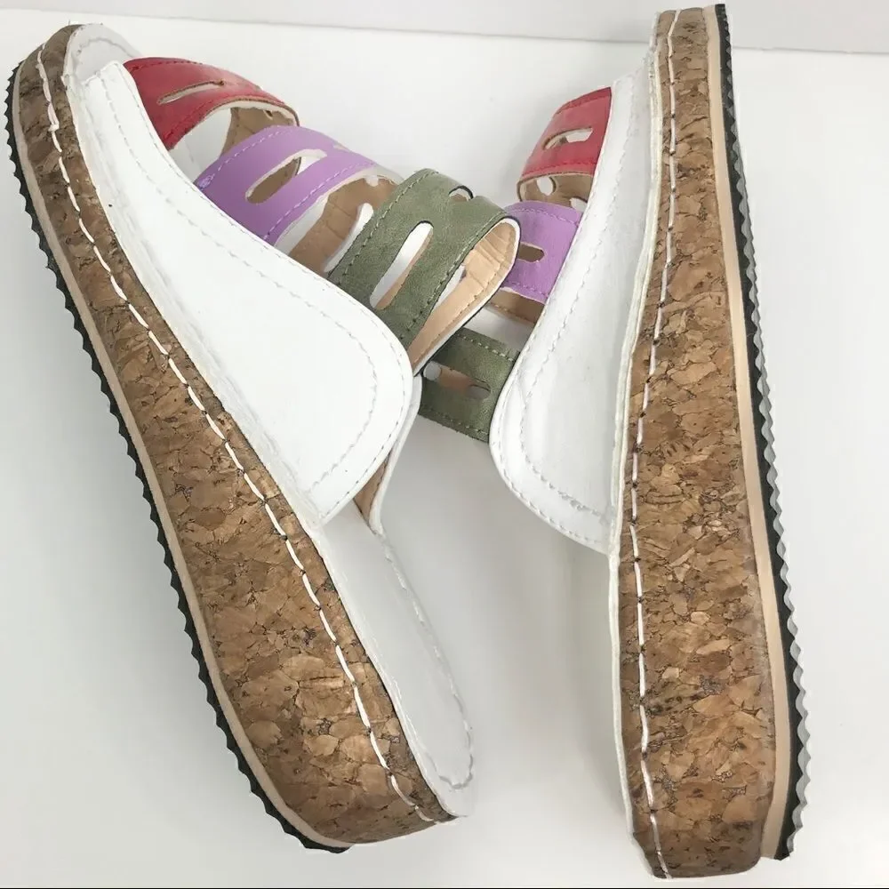 Crisp White Slide Cork Sandals with 3 Color Straps- Like New